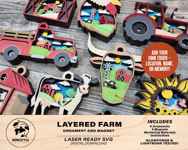Layered Farm Bundle - Ornaments and Magnets - SVG, PDF, AI File Download - Works with all Laser Types
