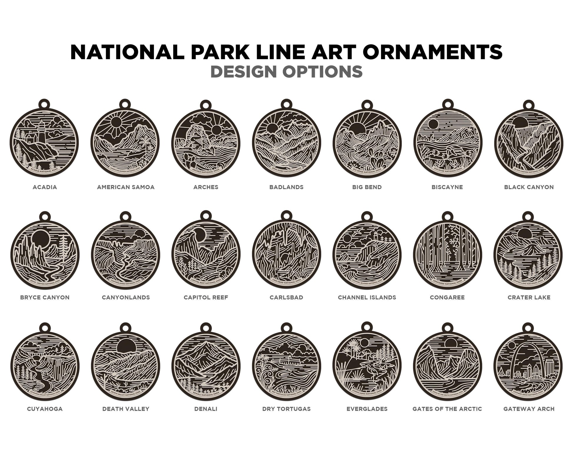 US National Park Line Art Ornaments - 63 Parks includes - SVG, PDF, ai File Download - Works with all Lasers