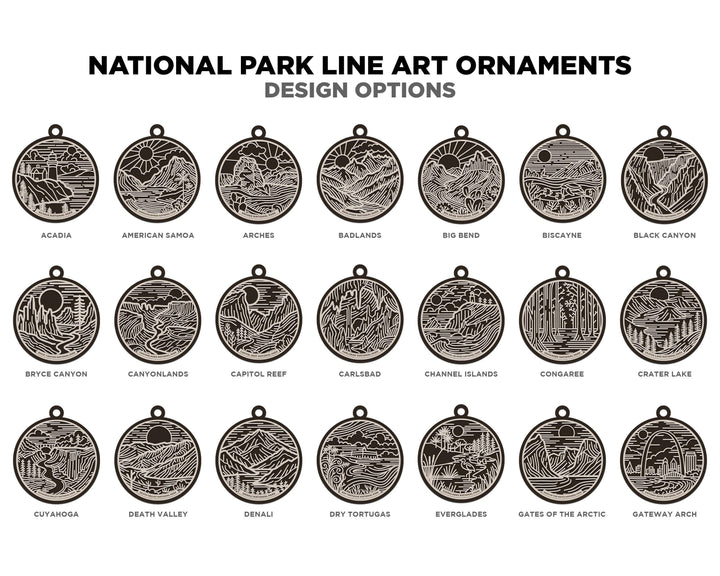 US National Park Line Art Ornaments - 63 Parks includes - SVG, PDF, ai File Download - Works with all Lasers