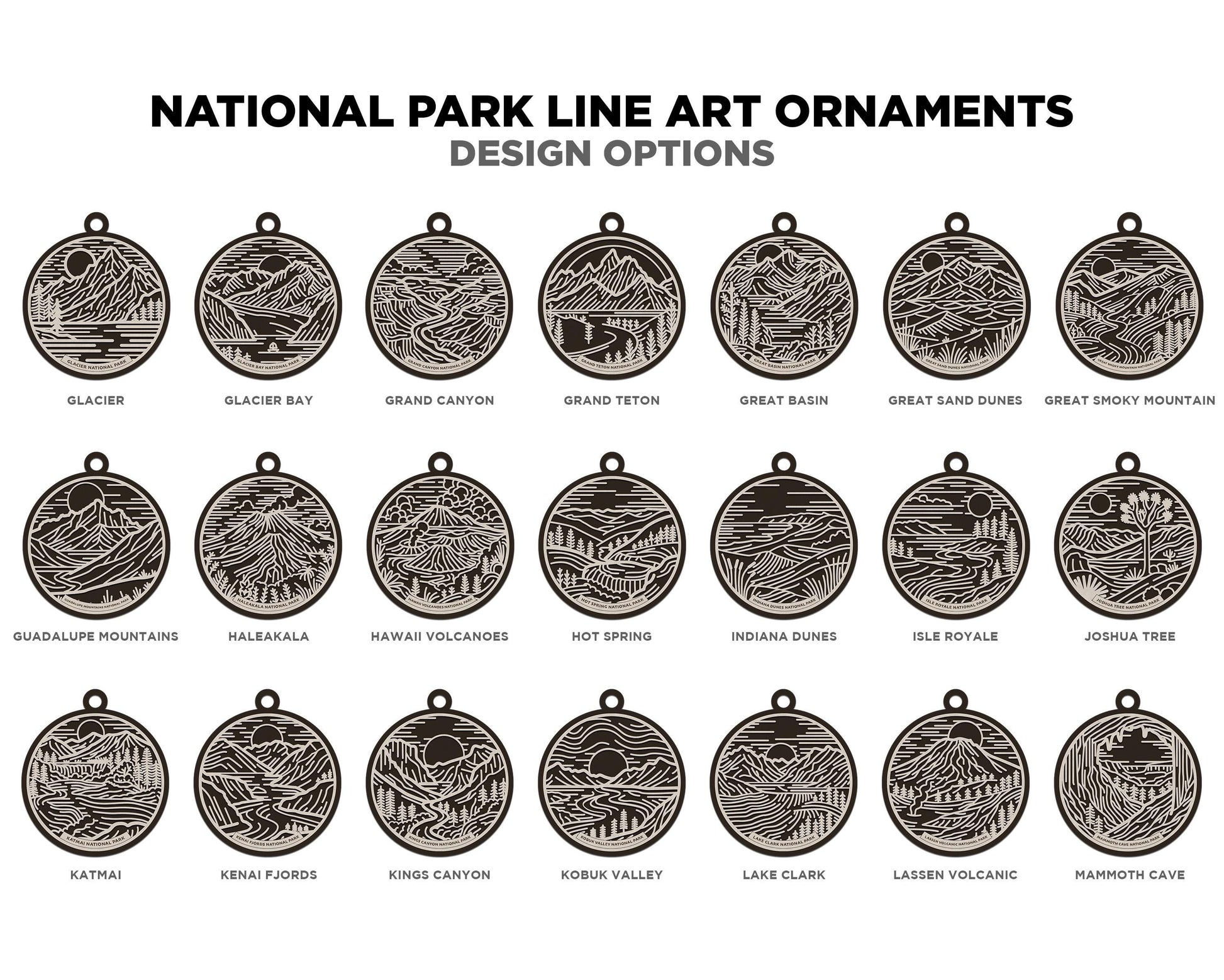 US National Park Line Art Ornaments - 63 Parks includes - SVG, PDF, ai File Download - Works with all Lasers