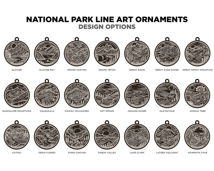 US National Park Line Art Ornaments - 63 Parks includes - SVG, PDF, ai File Download - Works with all Lasers