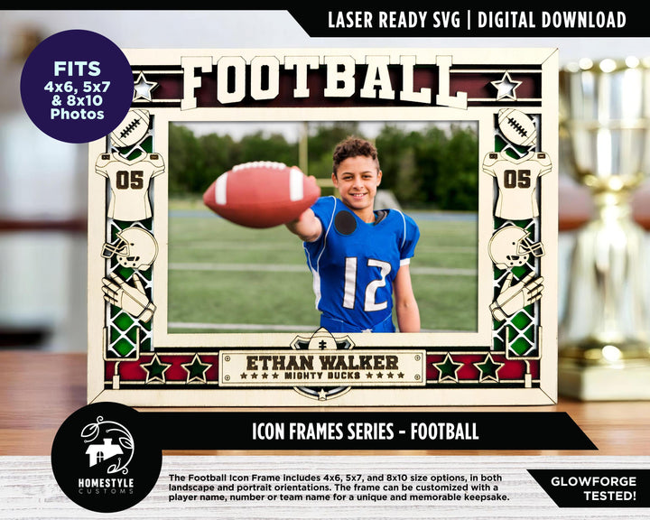 Football Icon Frames - Includes Frame Sizes 4x6, 5x7, 8x10 in Landscape and Portrait - Works with all Lasers