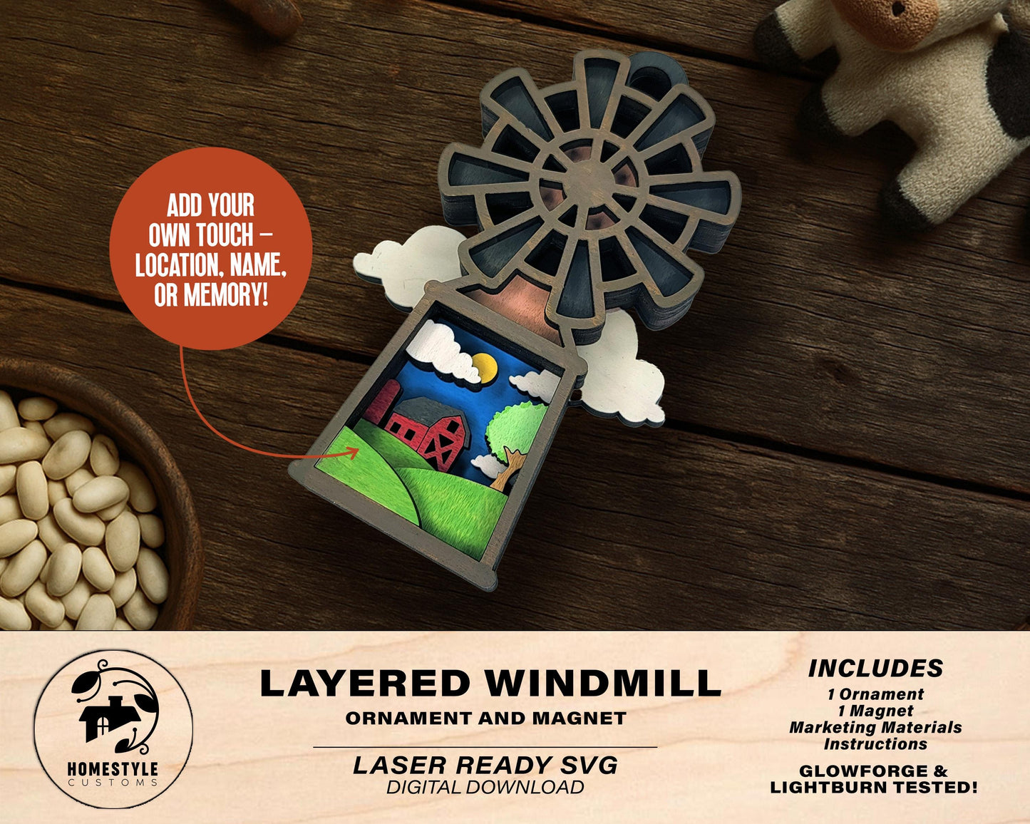 Layered Windmill - Ornament and Magnet - SVG, PDF, AI File Download - Works with all Laser Types