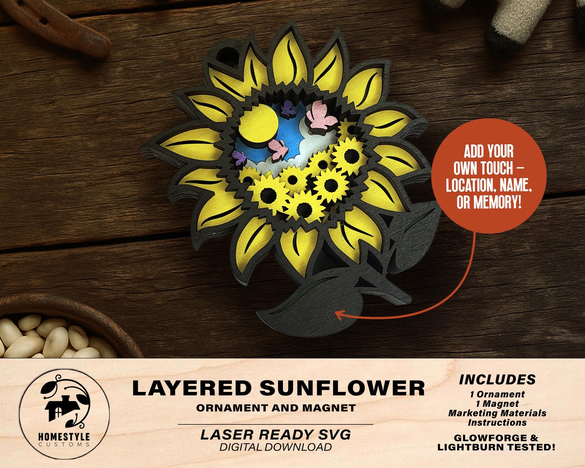 Layered Sunflower - Ornament and Magnet - SVG, PDF, AI File Download - Works with all Laser Types