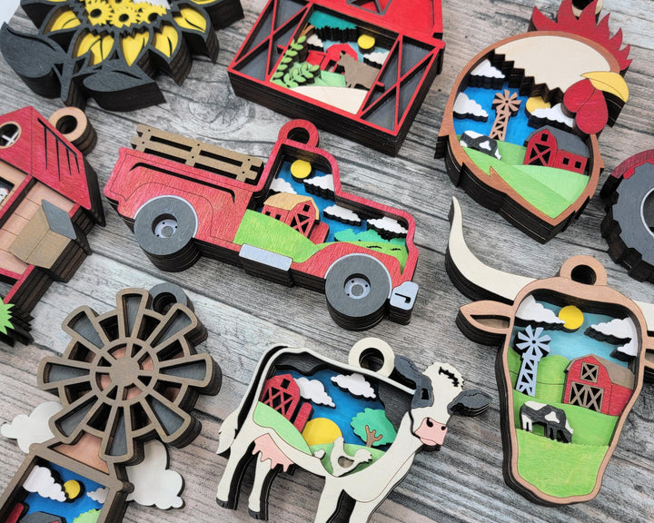 Layered Farm Bundle - Ornaments and Magnets - SVG, PDF, AI File Download - Works with all Laser Types