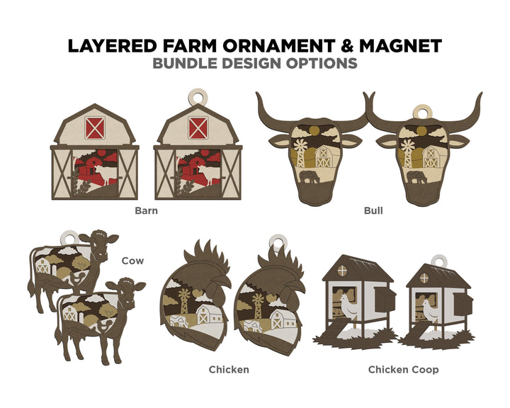 Layered Farm Bundle - Ornaments and Magnets - SVG, PDF, AI File Download - Works with all Laser Types