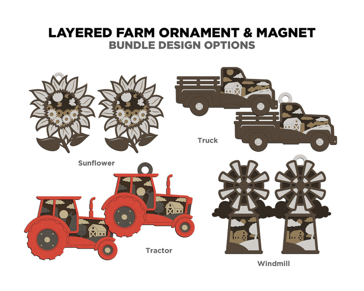 Layered Farm Bundle - Ornaments and Magnets - SVG, PDF, AI File Download - Works with all Laser Types