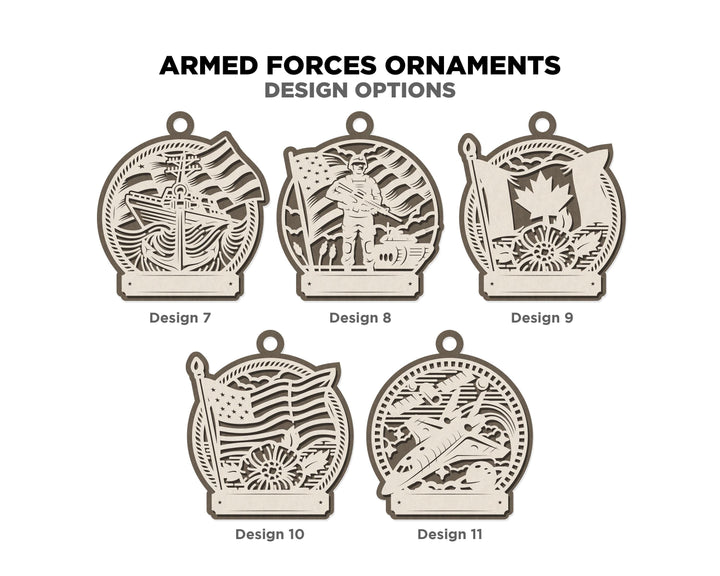 Armed Forces Ornament Bundle - 11 Ornament Designs - SVG, PDF, AI File Download - Works with all Laser Types