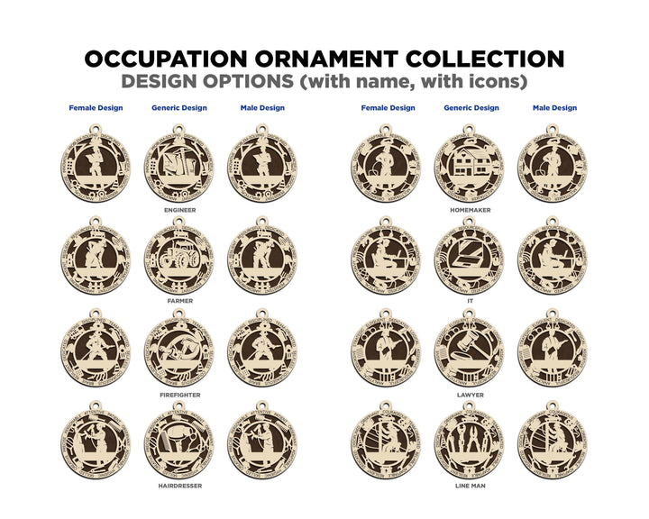 The Occupational Ornaments - 44 occupations in 3 Styles and Male and Female - SVG, PDF, AI File Download - Works on all Lasers