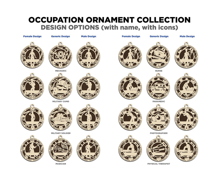 The Occupational Ornaments - 44 occupations in 3 Styles and Male and Female - SVG, PDF, AI File Download - Works on all Lasers