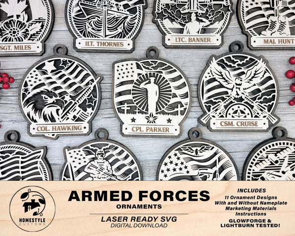 Armed Forces Ornament Bundle - 11 Ornament Designs - SVG, PDF, AI File Download - Works with all Laser Types