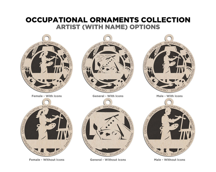 Artist - Occupational Ornaments - Contains 6 Ornaments Male and Female - Custom area - SVG, PDF, AI File Download - Works on all Lasers