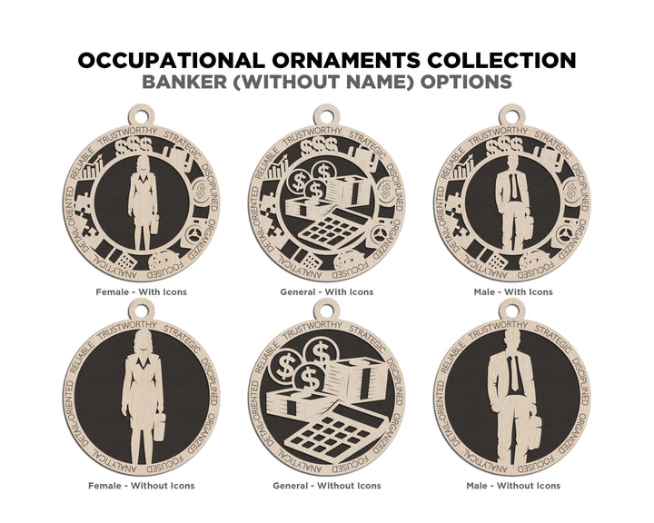 Banker - Occupational Ornaments - Contains 6 Ornaments Male and Female - Custom area - SVG, PDF, AI File Download - Works on all Lasers