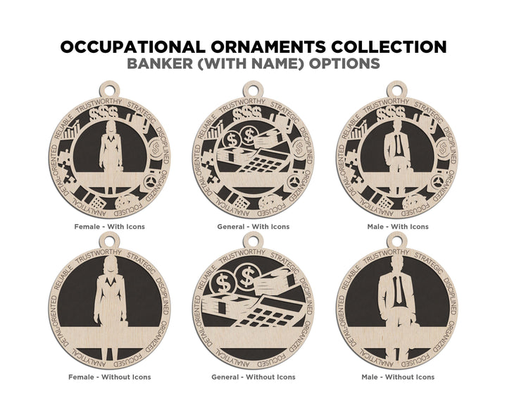 Banker - Occupational Ornaments - Contains 6 Ornaments Male and Female - Custom area - SVG, PDF, AI File Download - Works on all Lasers