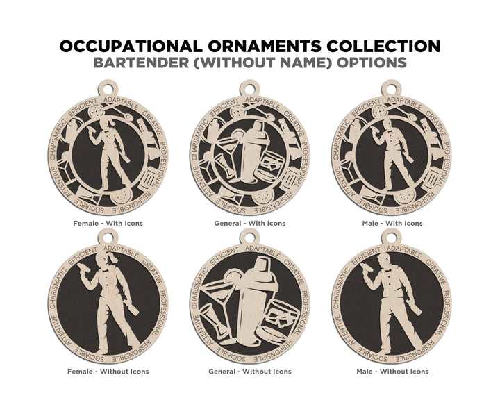 Bartender - Occupational Ornaments - Contains 6 Ornaments Male and Female - Custom area - SVG, PDF, AI File Download - Works on all Lasers