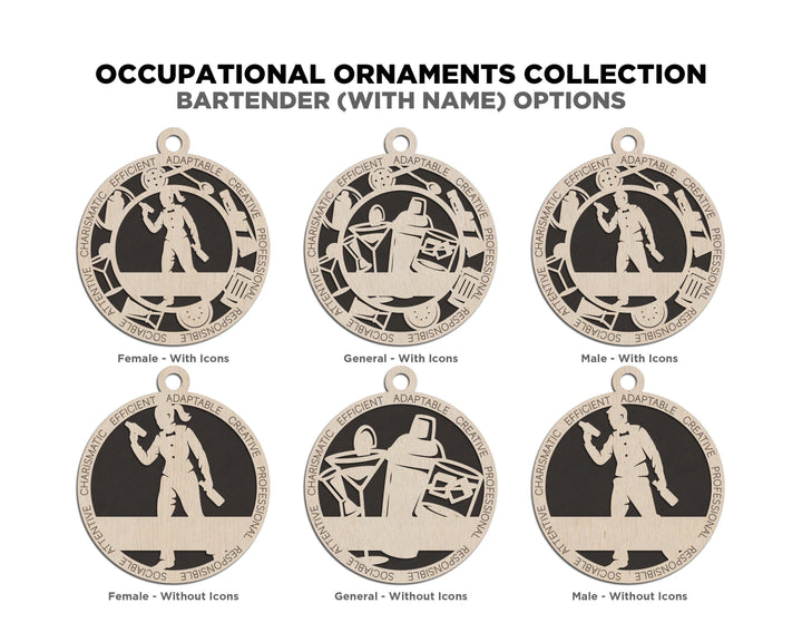 Bartender - Occupational Ornaments - Contains 6 Ornaments Male and Female - Custom area - SVG, PDF, AI File Download - Works on all Lasers