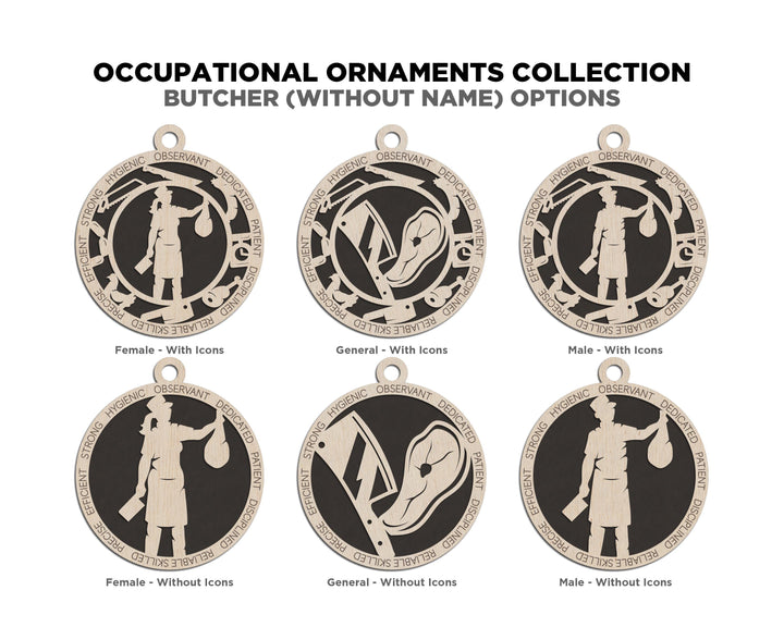 Butcher - Occupational Ornaments - Contains 6 Ornaments Male and Female - Custom area - SVG, PDF, AI File Download - Works on all Lasers