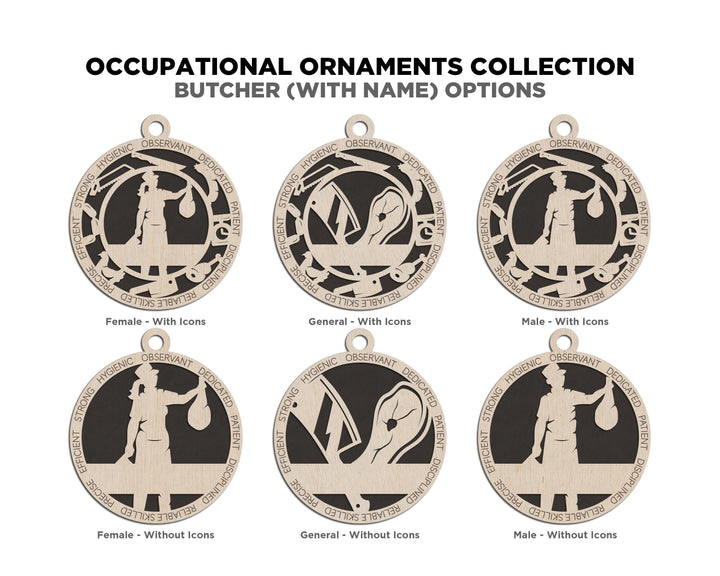 Butcher - Occupational Ornaments - Contains 6 Ornaments Male and Female - Custom area - SVG, PDF, AI File Download - Works on all Lasers