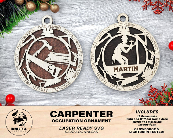 Carpenter - Occupational Ornaments - Contains 6 Ornaments Male and Female - Custom area - SVG, PDF, AI File Download - Works on all Lasers