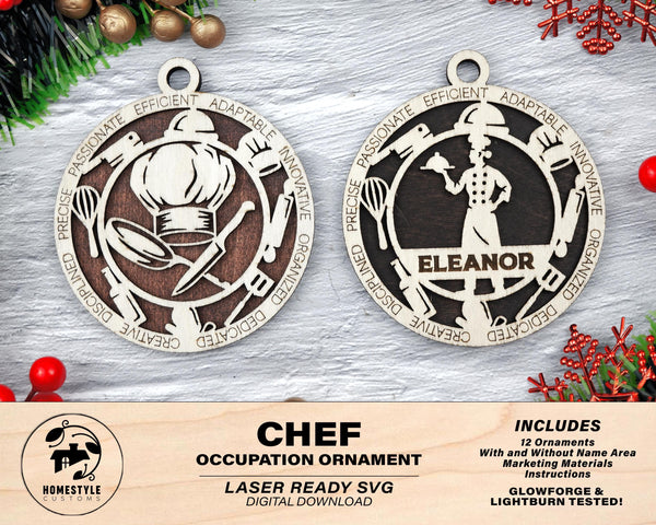 Chef - Occupational Ornaments - Contains 6 Ornaments Male and Female - Custom area - SVG, PDF, AI File Download - Works on all Lasers