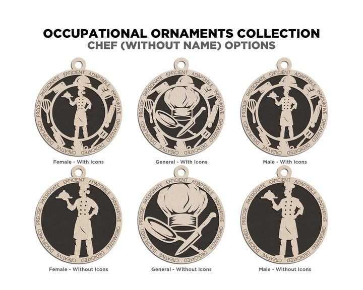 Chef - Occupational Ornaments - Contains 6 Ornaments Male and Female - Custom area - SVG, PDF, AI File Download - Works on all Lasers