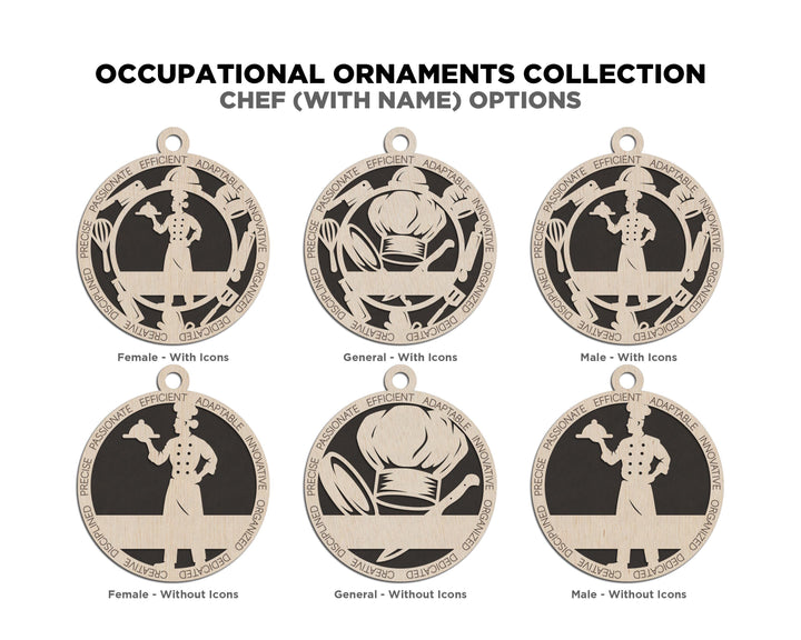 Chef - Occupational Ornaments - Contains 6 Ornaments Male and Female - Custom area - SVG, PDF, AI File Download - Works on all Lasers