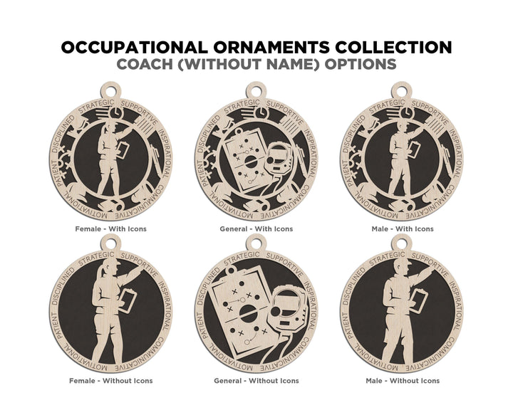 Coach - Occupational Ornaments - Contains 6 Ornaments Male and Female - Custom area - SVG, PDF, AI File Download - Works on all Lasers