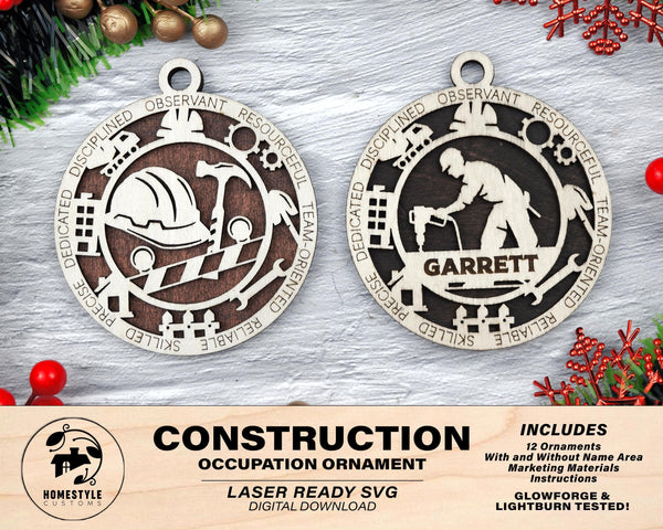 Construction - Occupational Ornaments - Contains 6 Ornaments Male and Female - Custom area - SVG, PDF, AI Files - Works on all Lasers