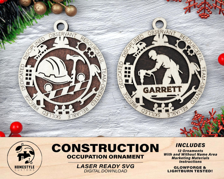 Construction - Occupational Ornaments - Contains 6 Ornaments Male and Female - Custom area - SVG, PDF, AI Files - Works on all Lasers