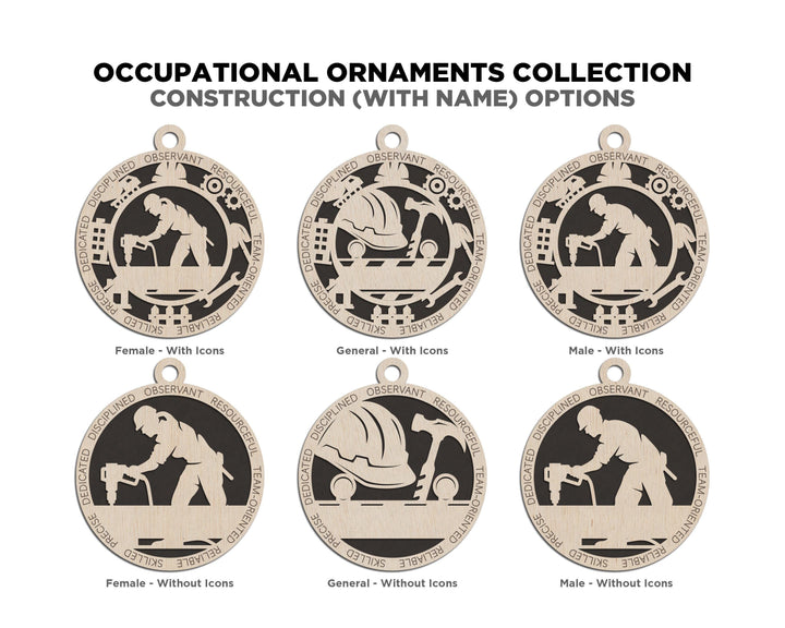 Construction - Occupational Ornaments - Contains 6 Ornaments Male and Female - Custom area - SVG, PDF, AI Files - Works on all Lasers
