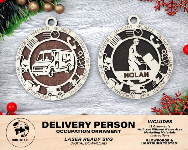 Delivery Person - Occupational Ornaments - Contains 6 Ornaments Male and Female - Custom area - SVG, PDF, AI Files - Works on all Lasers