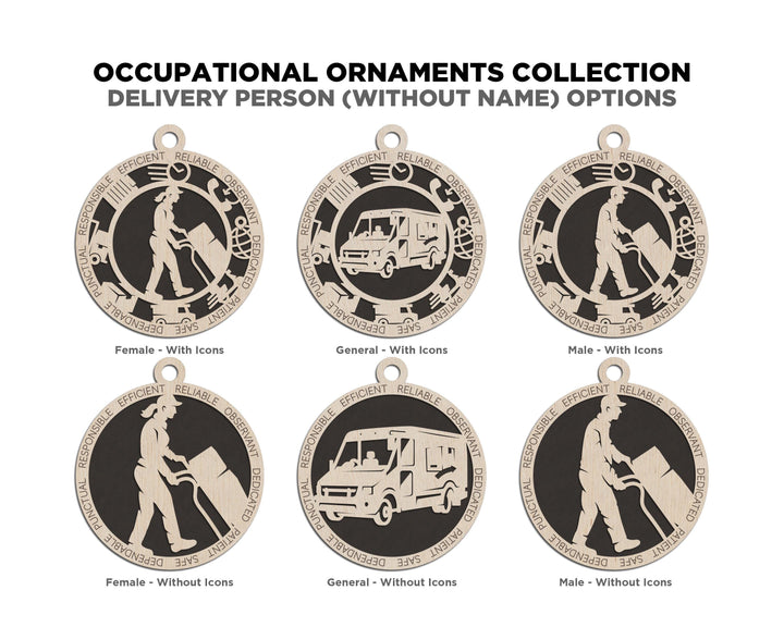 Delivery Person - Occupational Ornaments - Contains 6 Ornaments Male and Female - Custom area - SVG, PDF, AI Files - Works on all Lasers