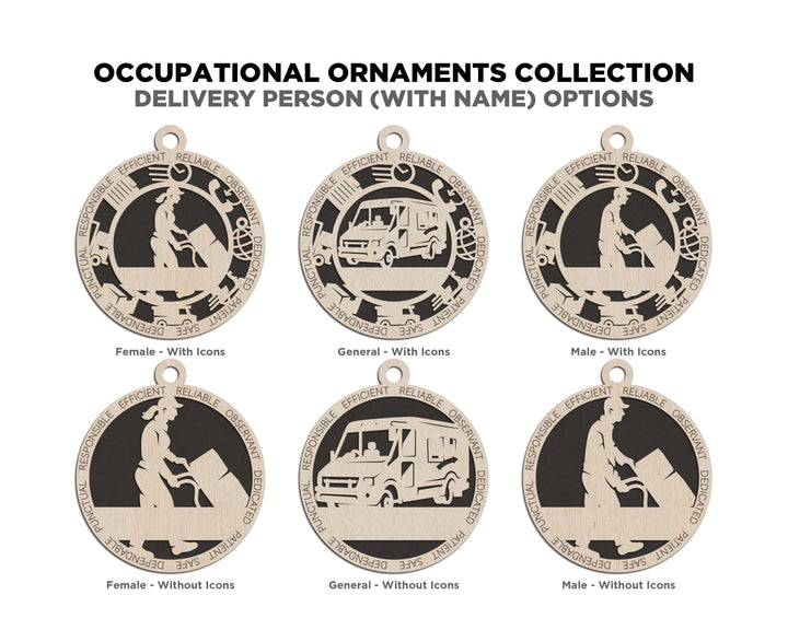 Delivery Person - Occupational Ornaments - Contains 6 Ornaments Male and Female - Custom area - SVG, PDF, AI Files - Works on all Lasers