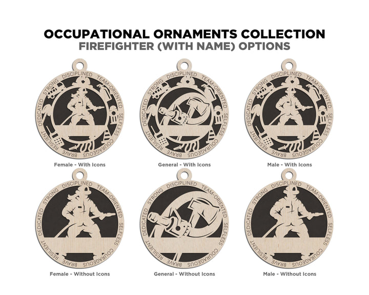 Firefighter - Occupational Ornaments - Contains 6 Ornaments Male and Female - Custom area - SVG, PDF, AI Files - Works on all Lasers