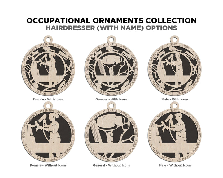 Hairdresser - Occupational Ornaments - Contains 6 Ornaments Male and Female - Custom area - SVG, PDF, AI Files - Works on all Lasers