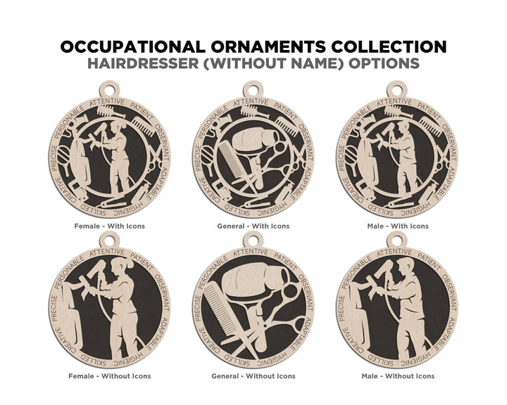 Hairdresser - Occupational Ornaments - Contains 6 Ornaments Male and Female - Custom area - SVG, PDF, AI Files - Works on all Lasers