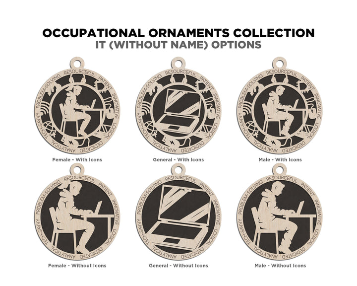 Information technology - Occupational Ornaments - Contains 6 Ornaments Male and Female - Custom area - SVG, PDF, Files - Works on all Lasers