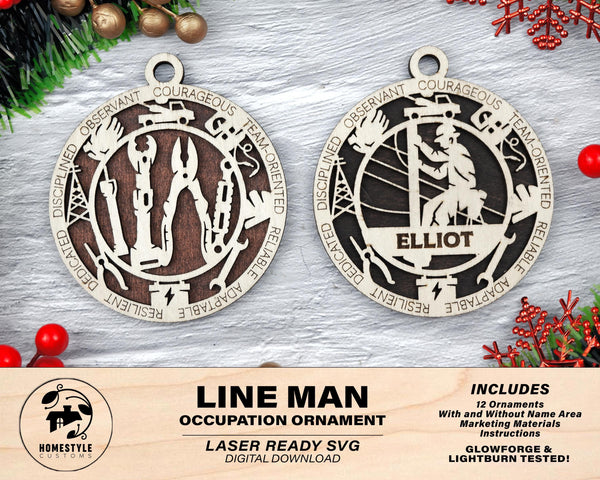 Lineman - Occupational Ornaments - Contains 6 Ornaments Male and Female - Custom area - SVG, PDF, AI File Types - Works on all Lasers