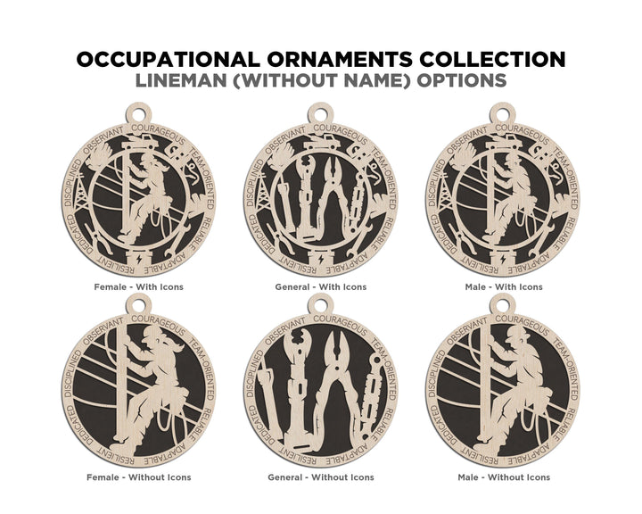 Lineman - Occupational Ornaments - Contains 6 Ornaments Male and Female - Custom area - SVG, PDF, AI File Types - Works on all Lasers