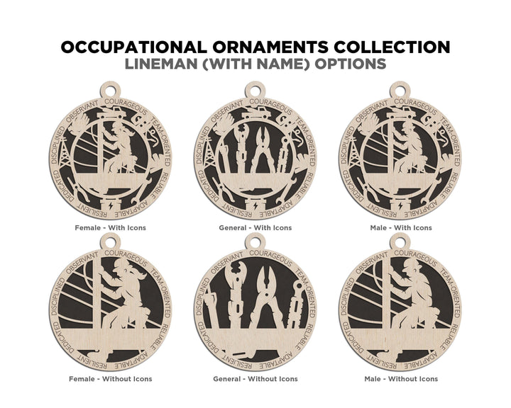 Lineman - Occupational Ornaments - Contains 6 Ornaments Male and Female - Custom area - SVG, PDF, AI File Types - Works on all Lasers