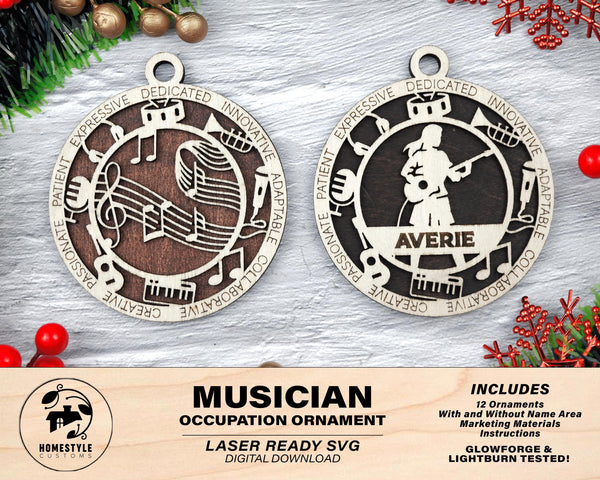 Musician - Occupational Ornaments - Contains 6 Ornaments Male and Female - Custom area - SVG, PDF, AI File Types - Works on all Lasers
