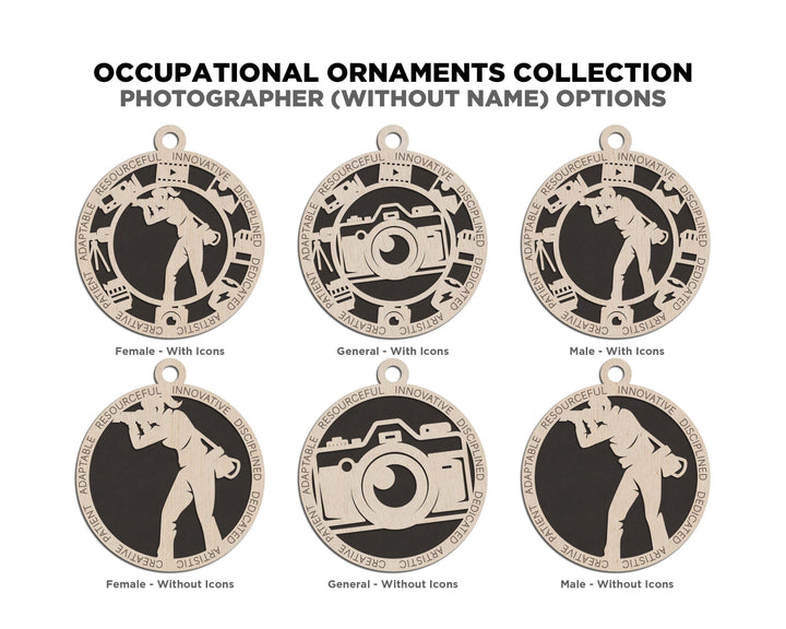 Photographer - Occupational Ornaments - Contains 6 Ornaments Male and Female - Custom area - SVG, PDF, AI File Types - Works on all Lasers