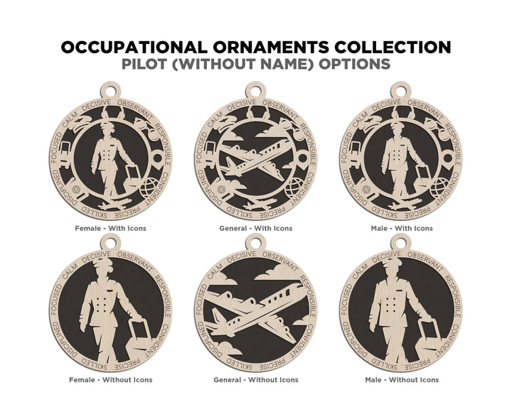 Pilot - Occupational Ornaments - Contains 6 Ornaments Male and Female - Custom area - SVG, PDF, AI Files - Works on all Lasers