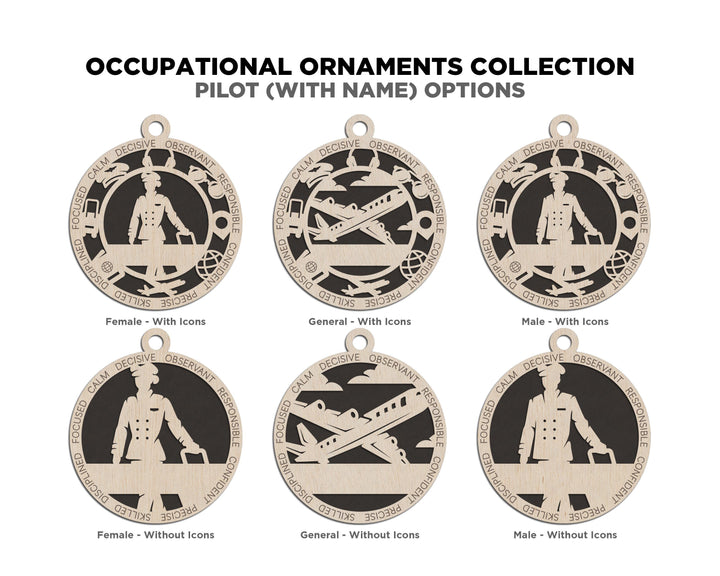 Pilot - Occupational Ornaments - Contains 6 Ornaments Male and Female - Custom area - SVG, PDF, AI Files - Works on all Lasers