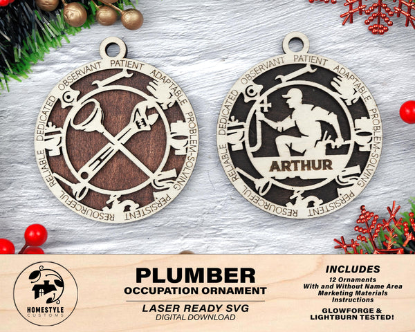Plumber - Occupational Ornaments - Contains 6 Ornaments Male and Female - Custom area - SVG, PDF, AI Files - Works on all Lasers