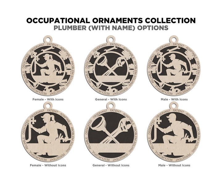 Plumber - Occupational Ornaments - Contains 6 Ornaments Male and Female - Custom area - SVG, PDF, AI Files - Works on all Lasers