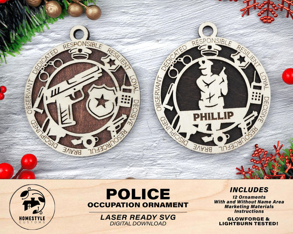 Police Officer - Occupational Ornaments - Contains 6 Ornaments Male and Female - Custom area - SVG, PDF, AI Files - Works on all Lasers