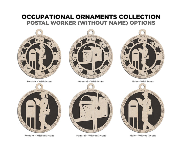 Postal Worker - Occupational Ornaments - Contains 6 Ornaments Male and Female - Custom area - SVG, PDF, AI Files - Works on all Lasers