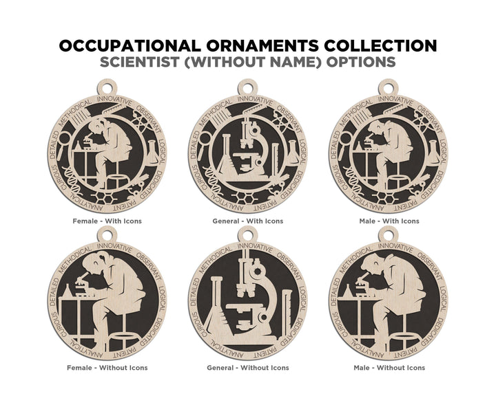 Scientist - Occupational Ornaments - Contains 6 Ornaments Male and Female - Custom area - SVG, PDF, AI Files - Works on all Lasers