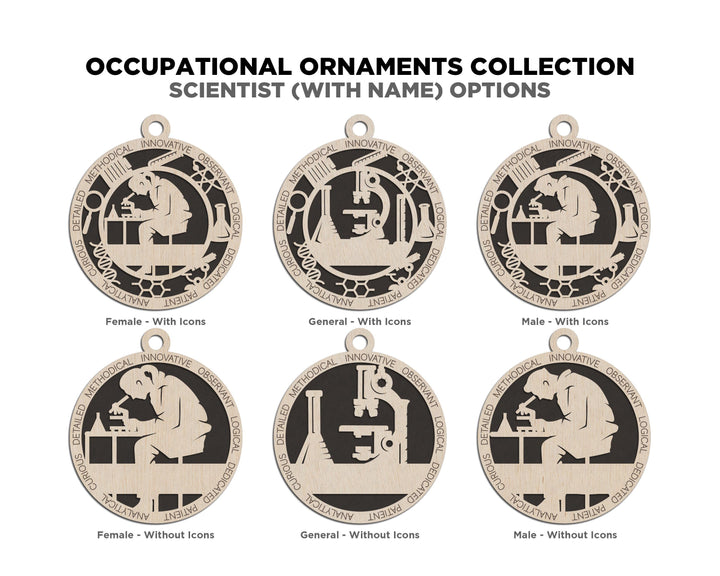 Scientist - Occupational Ornaments - Contains 6 Ornaments Male and Female - Custom area - SVG, PDF, AI Files - Works on all Lasers